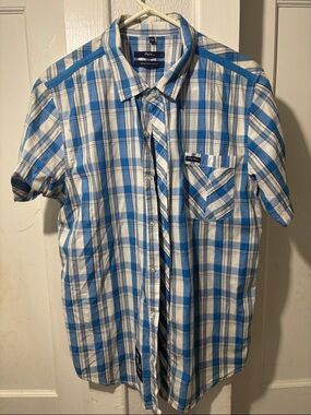 Lrg Blue and White Plaid Short-Sleeve Button-Down Shirt